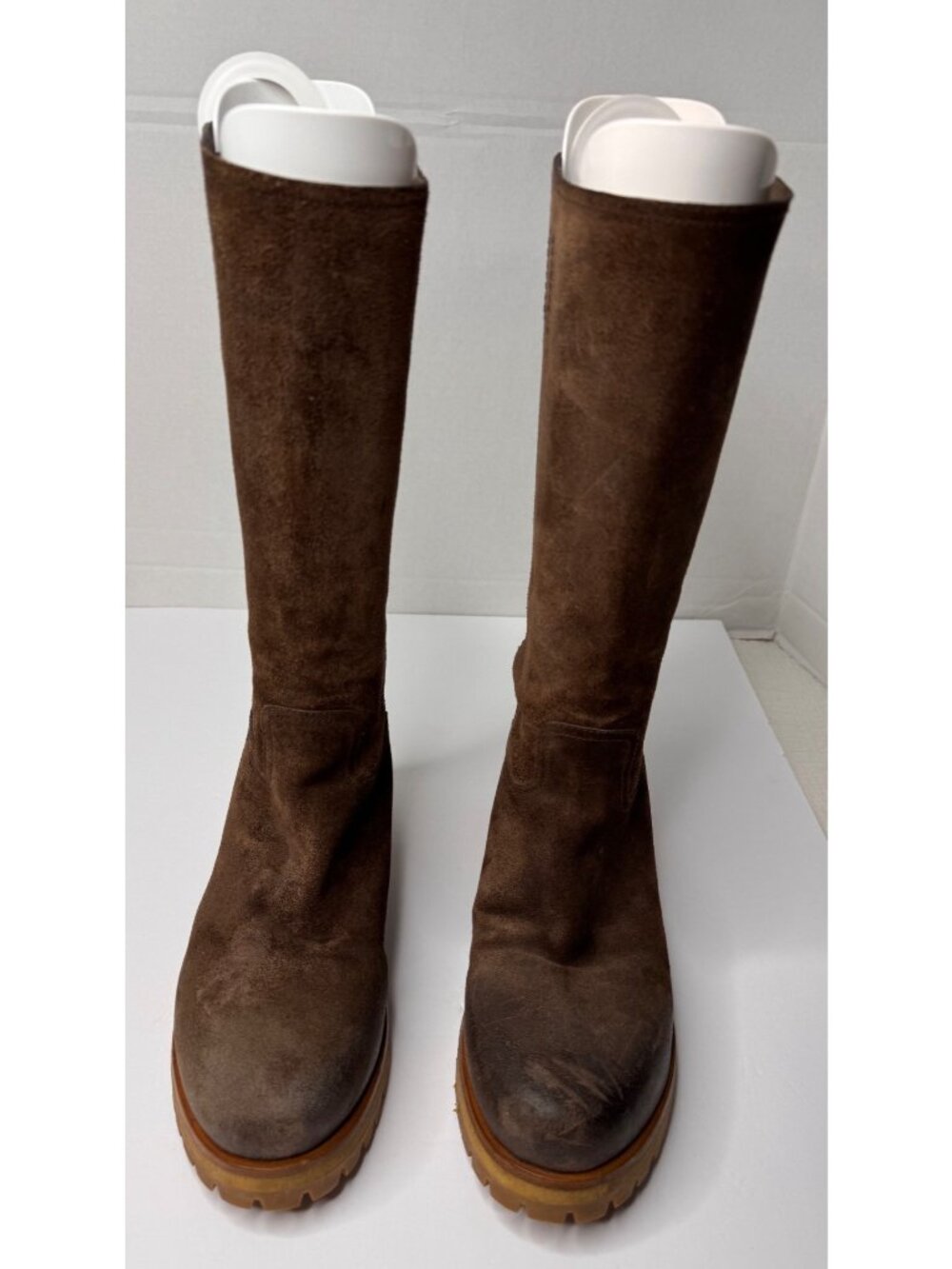 Vintage Prada Milano Brown Suede Calf Knee Lug Sole Moto Rugged Boots 38.5 US8.5 - Picture 14 of 16